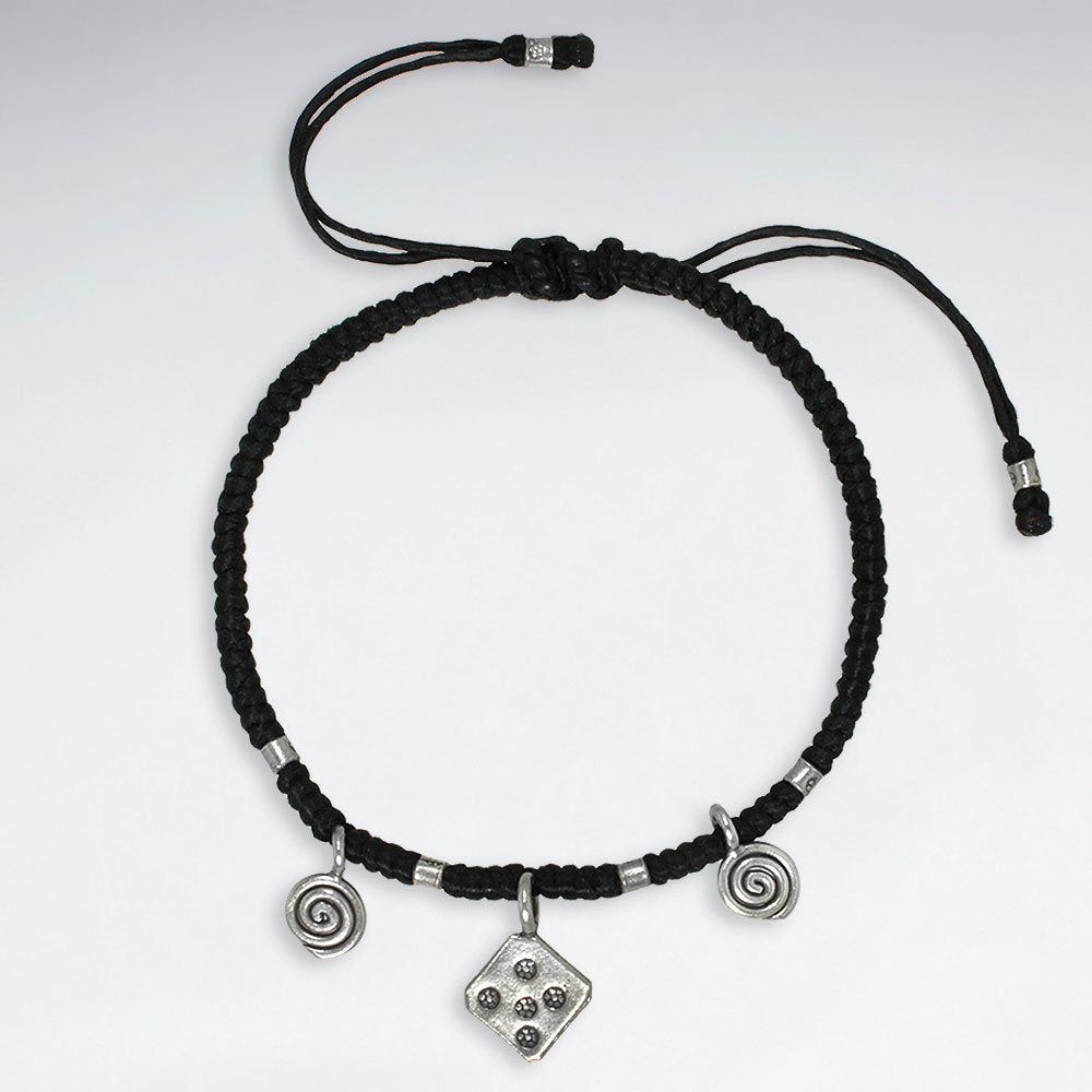7" Adjustable Black Macrame Waxed Cotton Bracelet With Antique Hand Made Silver Square Charms