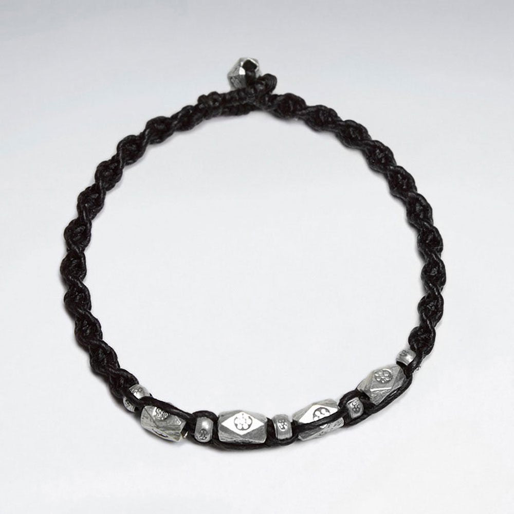 7" Black Macrame Waxed Cotton Bracelet With Antique Hand Made Silver Faceted Tube
