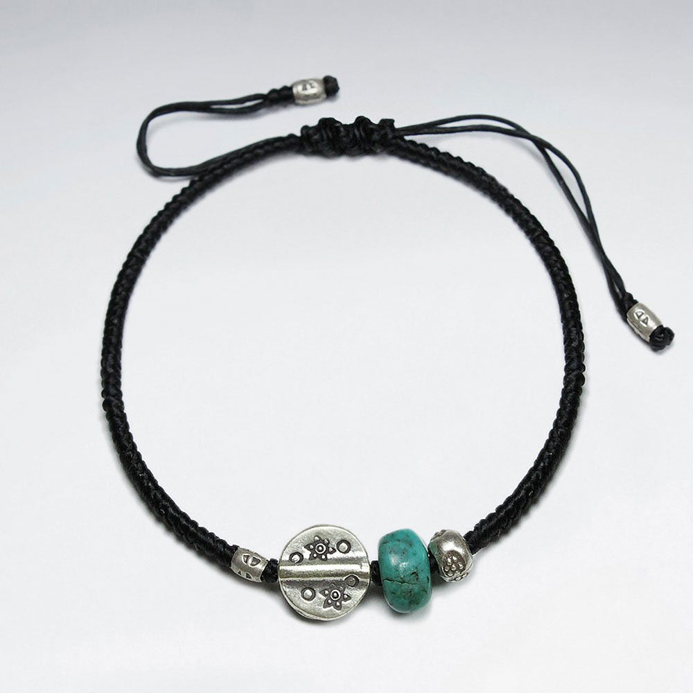 7" Adjustable Black Macrame Waxed Cotton Bracelet With Antique Hand Made Silver Disk Bead And Turquoise