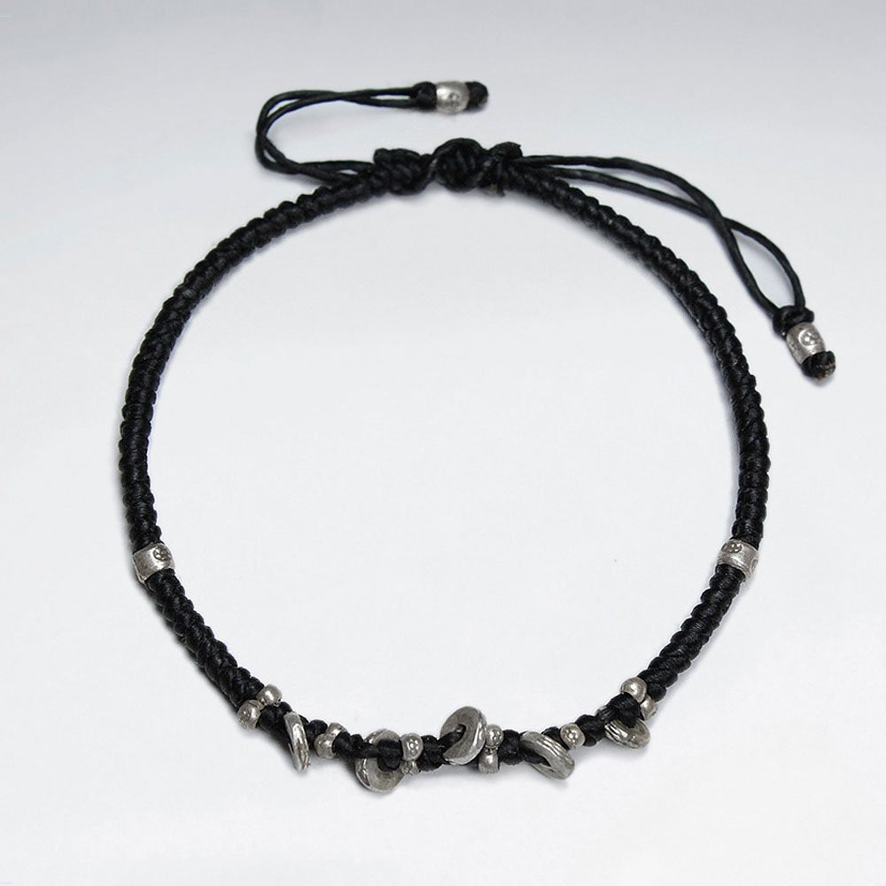 7" Adjustable Black Macrame Waxed Cotton Bracelet With Antique Hand Made Silver Nugget Beads