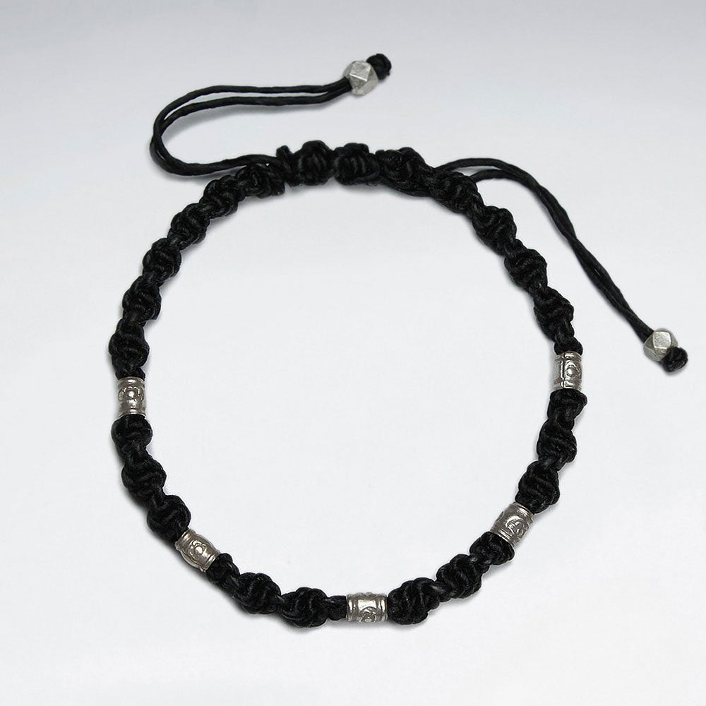 7" Adjustable Black Macrame Waxed Cotton Bracelet With Four Antique Hand Made Silver Tube Beads