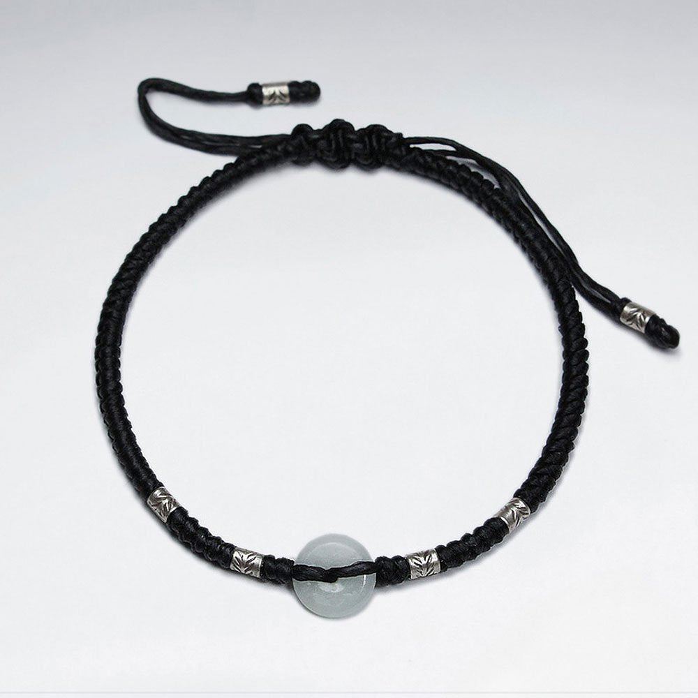7" Adjustable Black Macrame Waxed Cotton Bracelet With Antique Hand Made Silver Tube Bead And Round Jade