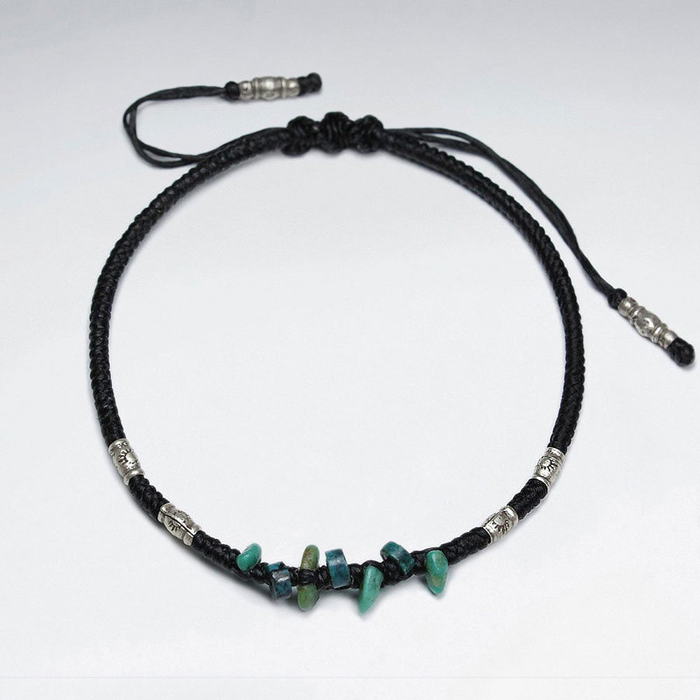 7" Adjustable Black Macrame Waxed Cotton Bracelet With Antique Hand Made Silver Tube Bead And Turquoise Nugget