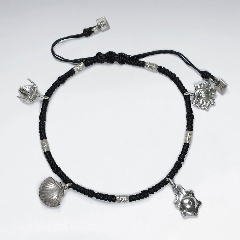 7" Adjustable Black Macrame Waxed Cotton Bracelet With Four Antique Hand Made Silver Charms