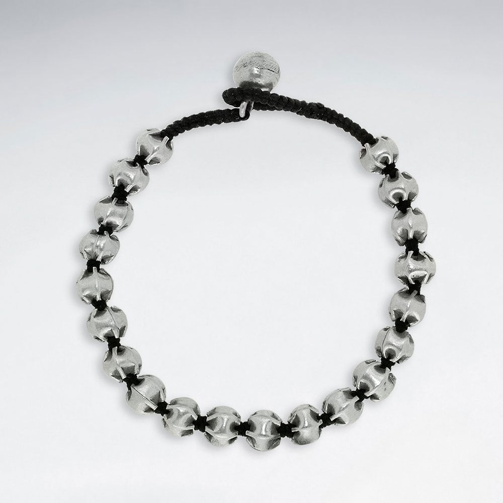 7" Black Macrame Waxed Cotton Bracelet With Antique Hand Made Silver Nugget Beads