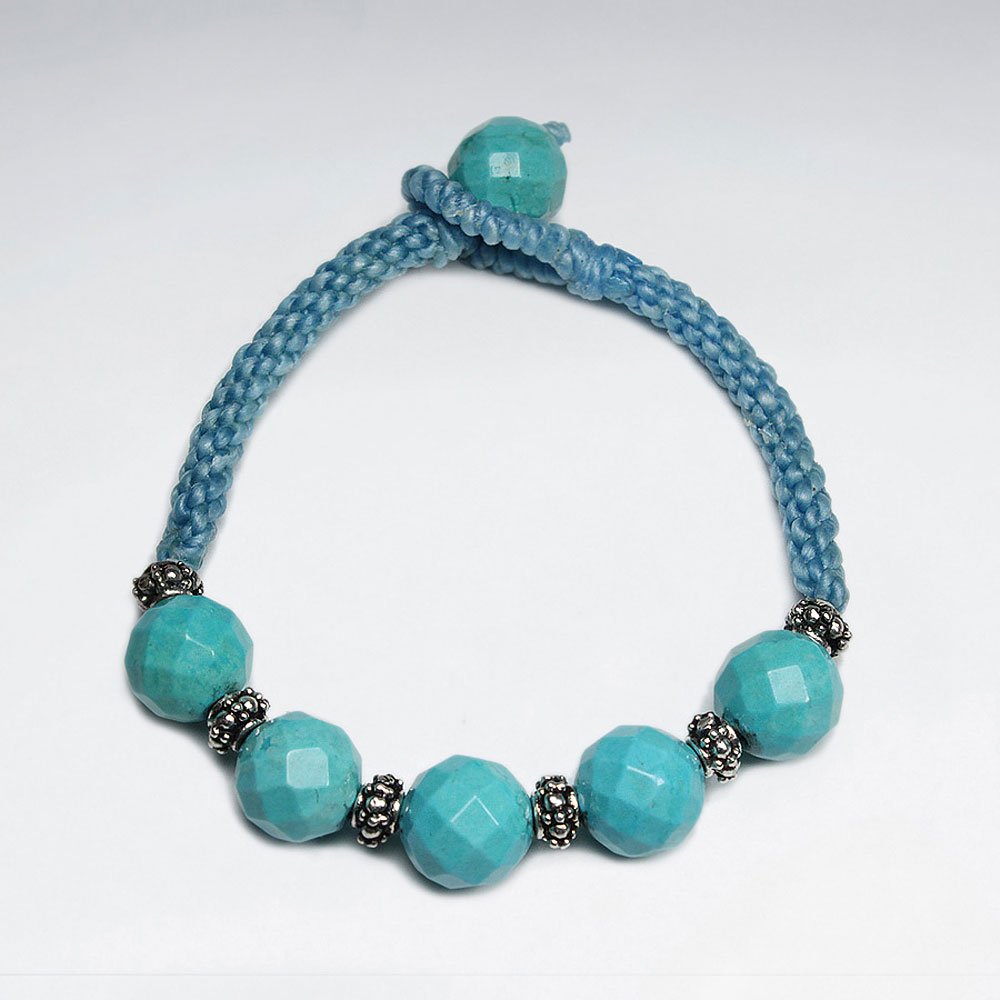 7" Blue Macrame Waxed Cotton Bracelet With Blue Stone