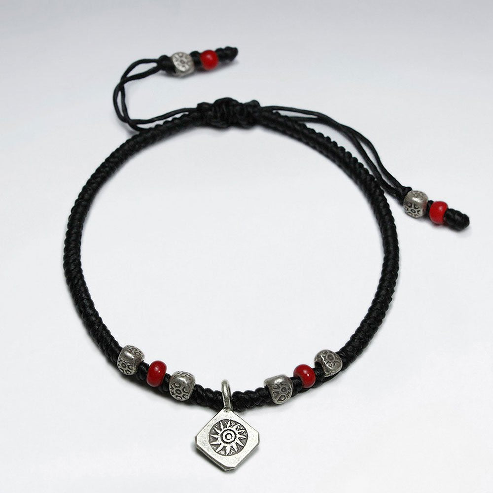 7" Adjustable Black Macrame Waxed Cotton Bracelet With Antique Hand Made Silver Square Charm And Red Glass Beads