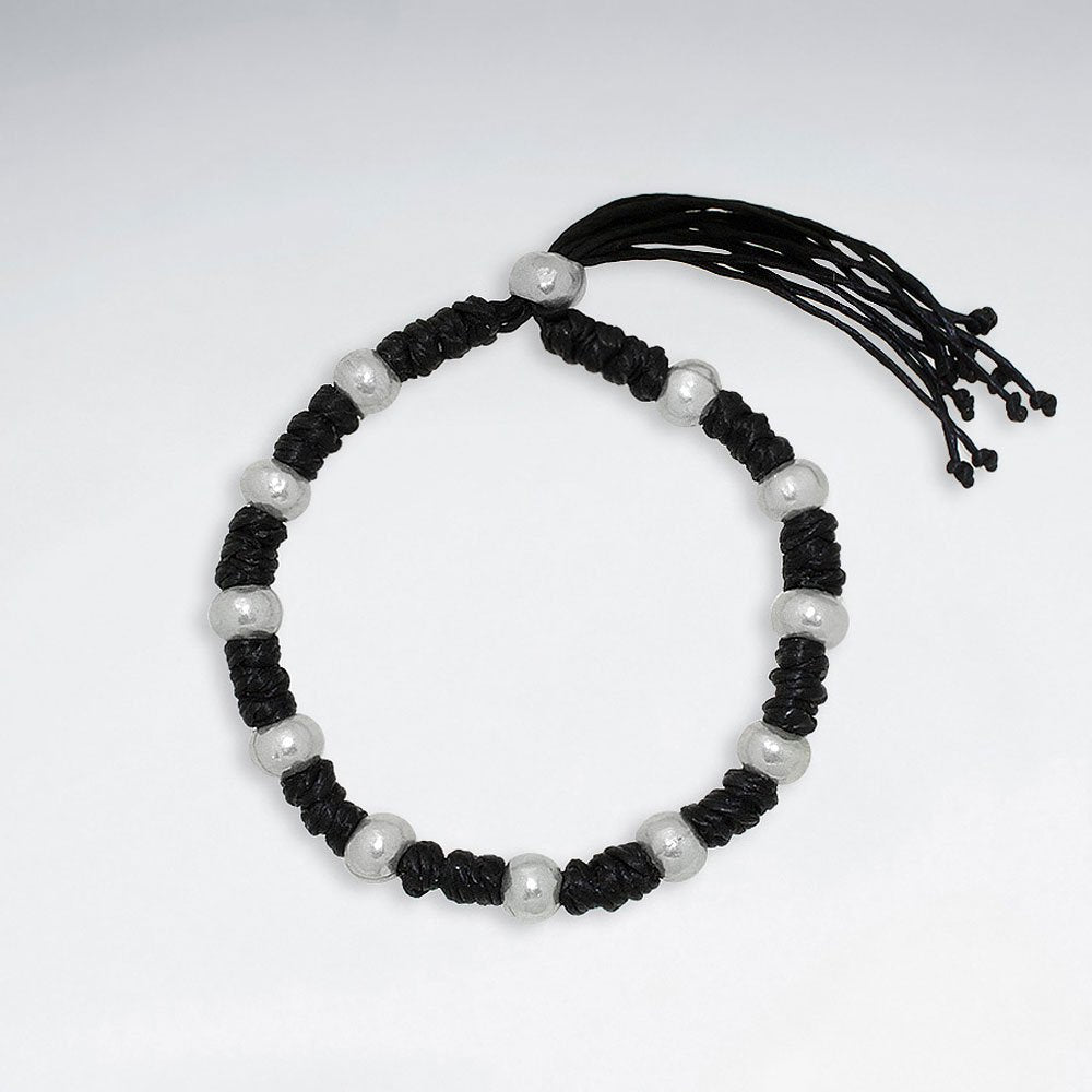 7" Adjustable Black Macrame Waxed Cotton Bracelet With Antique Hand Made Silver Round Beads