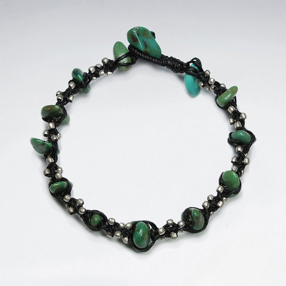 7" Black Macrame Waxed Cotton Bracelet With Antique Hand Made Silver Beads And Nugget Turquoise