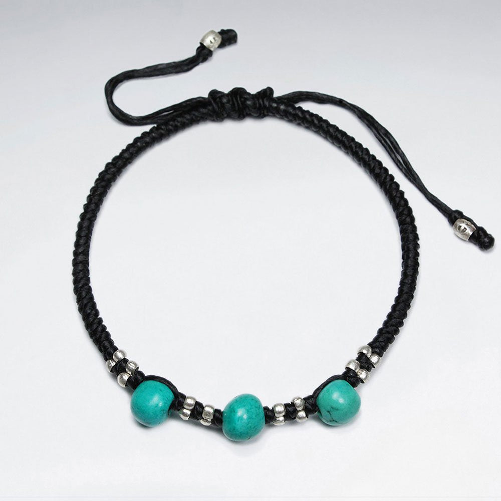 7" Adjustable Black Macrame Waxed Cotton Bracelet With Antique Hand Made Silver Bead And Turquoise