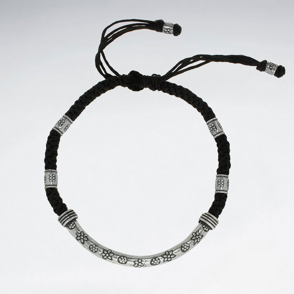 7" Adjustable Black Macrame Waxed Cotton Bracelet With Antique Hand Made Silver Curve Tube With Flower Texture