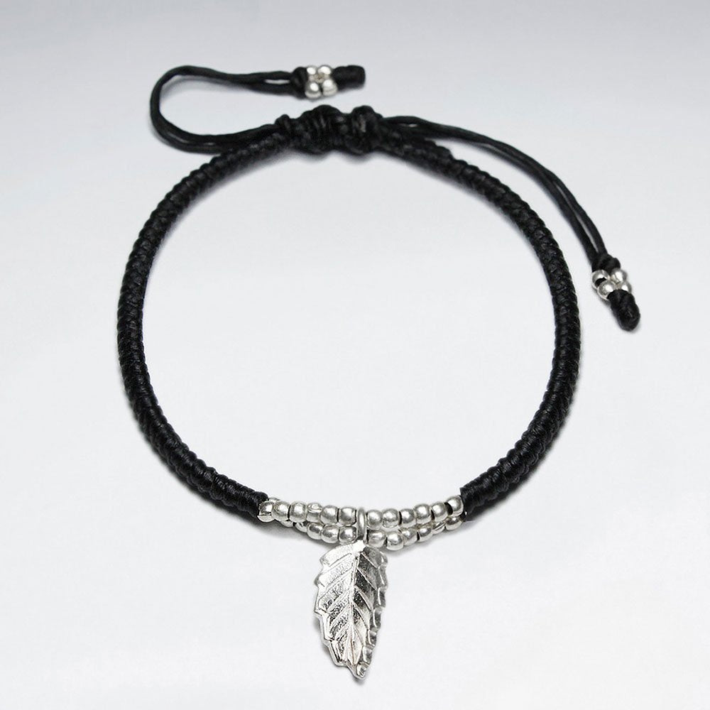 7" Adjustable Black Macrame Waxed Cotton Bracelet With Antique Hand Made Silver leaf Charm