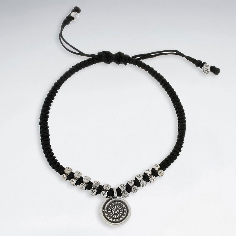 7" Adjustable Black Macrame Waxed Cotton Bracelet With Antique Hand Made Silver Spiral Charms