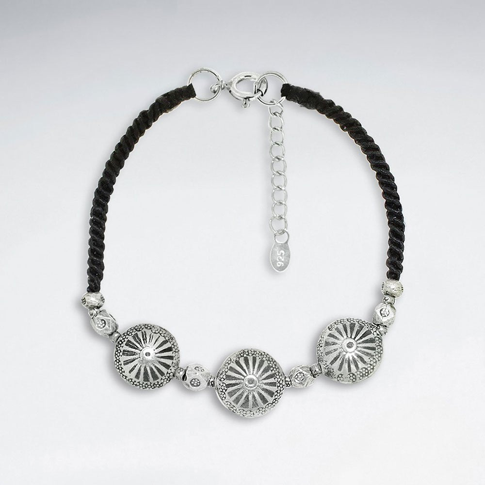 7" Adjustable Black Macrame Waxed Cotton Bracelet With Triple Antique Hand Made Silver  Round Beads