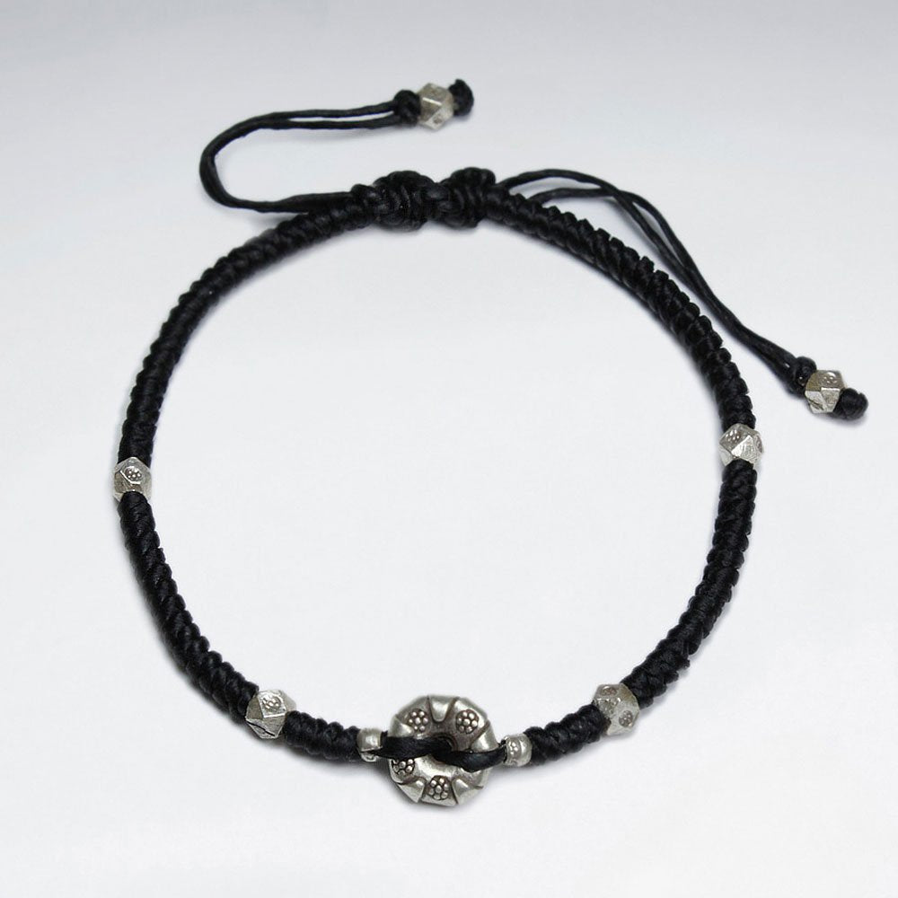 7" Adjustable Black Macrame Waxed Cotton Bracelet With Antique Hand Made Silver Donut Beads