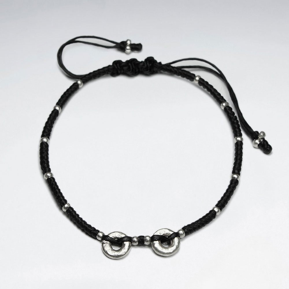 7" Adjustable Black Macrame Waxed Cotton Bracelet With Double Antique Hand Made Silver Donut Beads