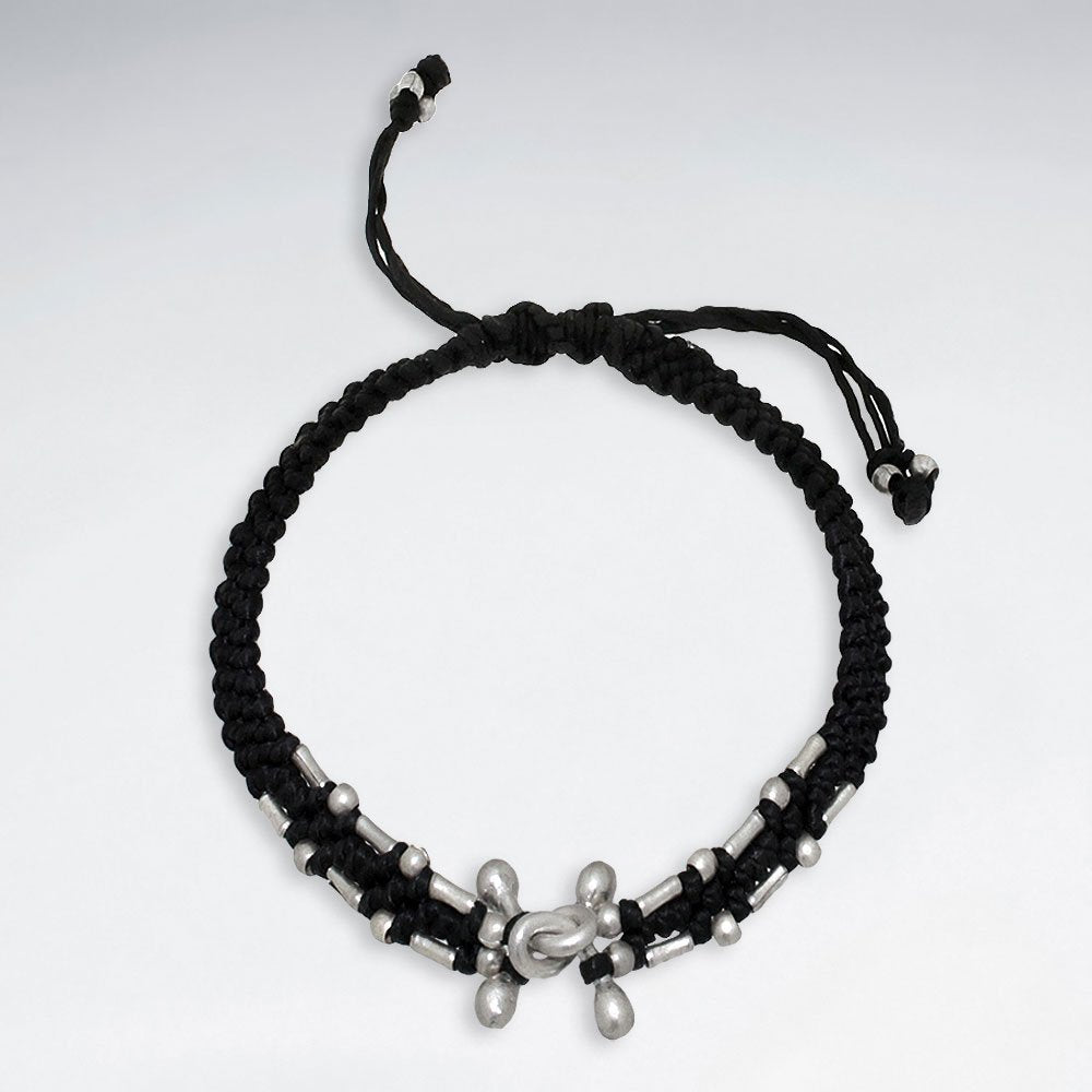 7" Adjustable Black Macrame Waxed Cotton Bracelet With Antique Hand Made Silver Beads