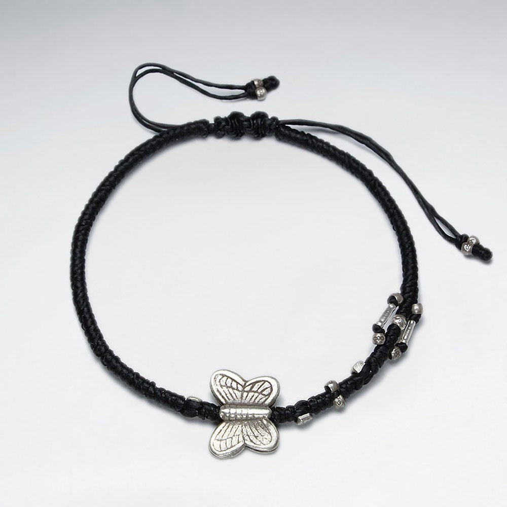 7" Adjustable Black Macrame Waxed Cotton Bracelet With Antique Hand Made Silver Butterfly Beads