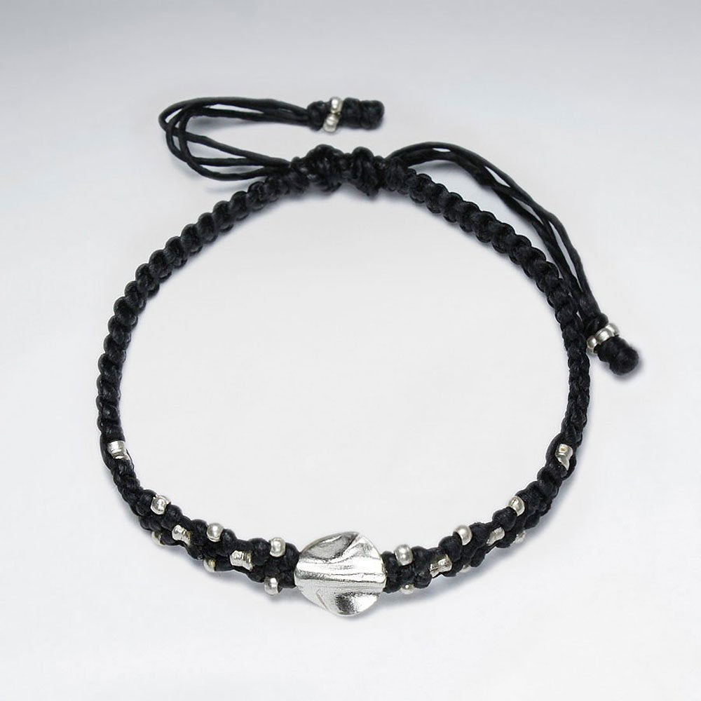 7" Adjustable Black Twisted Macrame Waxed Cotton Bracelet With Antique Hand Made Silver Twisted Rounf Beads