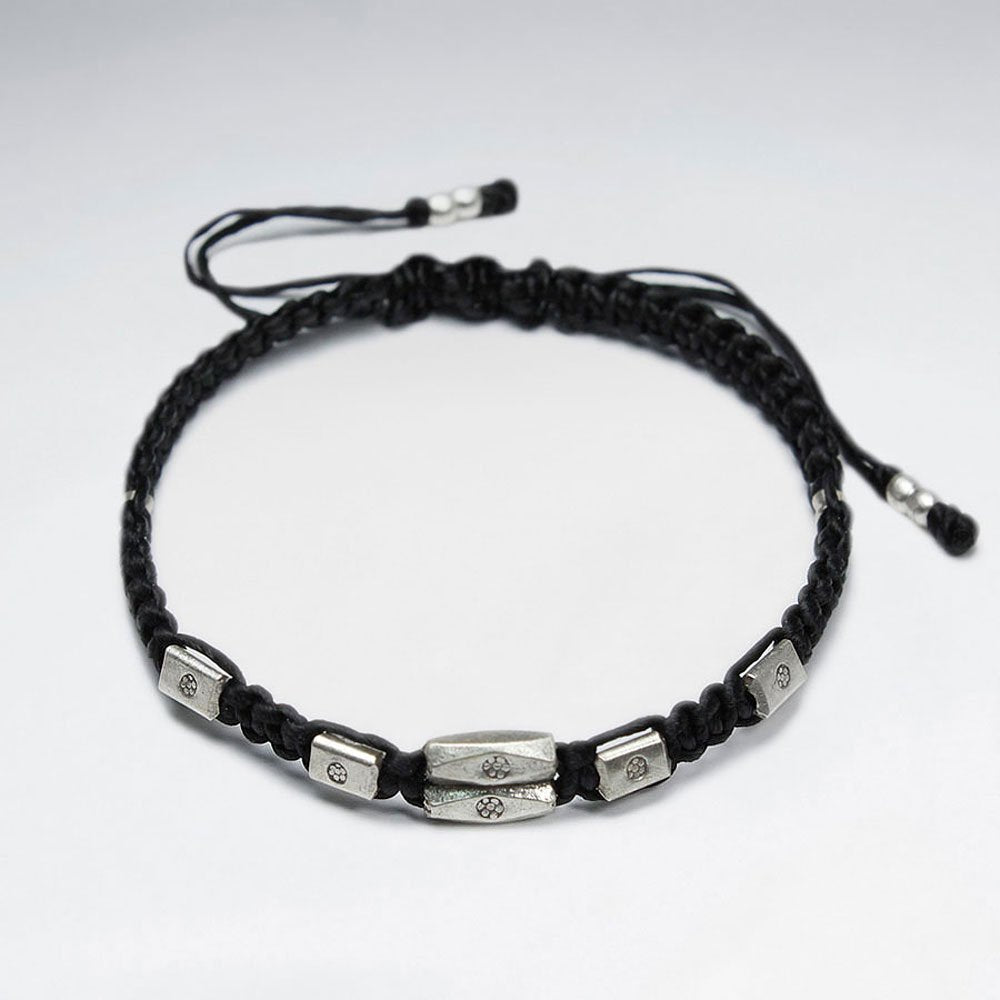 7" Adjustable Black Macrame Waxed Cotton Bracelet With Antique Hand Made Silver  Tube Beads