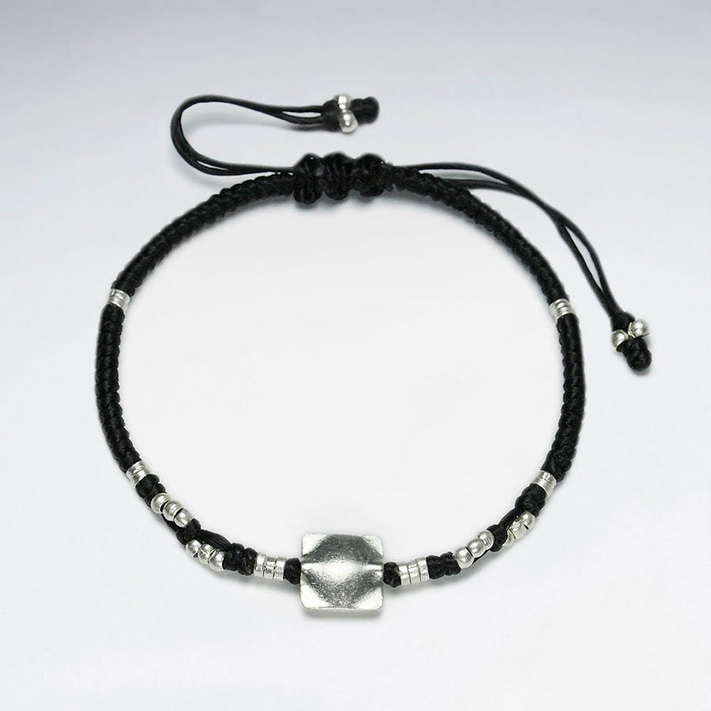 7" Adjustable Black Macrame Waxed Cotton Bracelet With Antique Hand Made Silver Square Beads