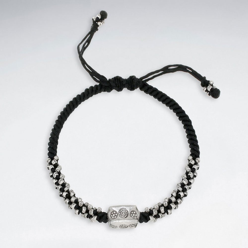 7" Adjustable Black Macrame Waxed Cotton Bracelet With Antique Hand Made Silver Cube Beads