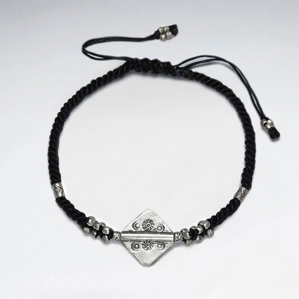 7" Adjustable Black Macrame Waxed Cotton Bracelet With Antique Hand Made Silver Squre Beads