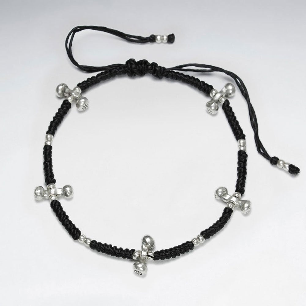 7" Adjustable Black Macrame Waxed Cotton Bracelet With Antique Hand Made Silver Beads
