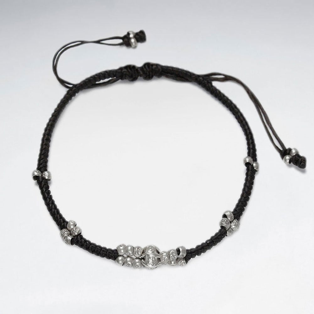 7" Adjustable Black Macrame Waxed Cotton Bracelet With Antique Hand Made Silver Beads