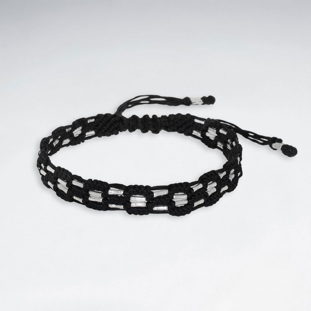 7" Adjustable Black Macrame Waxed Cotton Bracelet With Silver Tube Beads