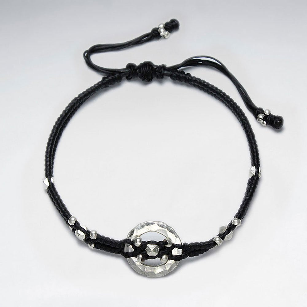 7" Adjustable Black Macrame Waxed Cotton Bracelet With Antique Hand Made Silver Hammered Open Circle Beads