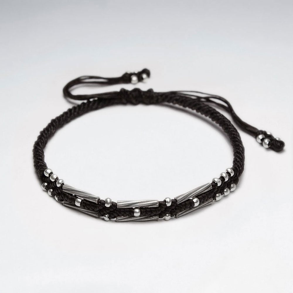 7" Adjustable Brown Macrame Waxed Cotton Bracelet With Antique Hand Made Silver Tube