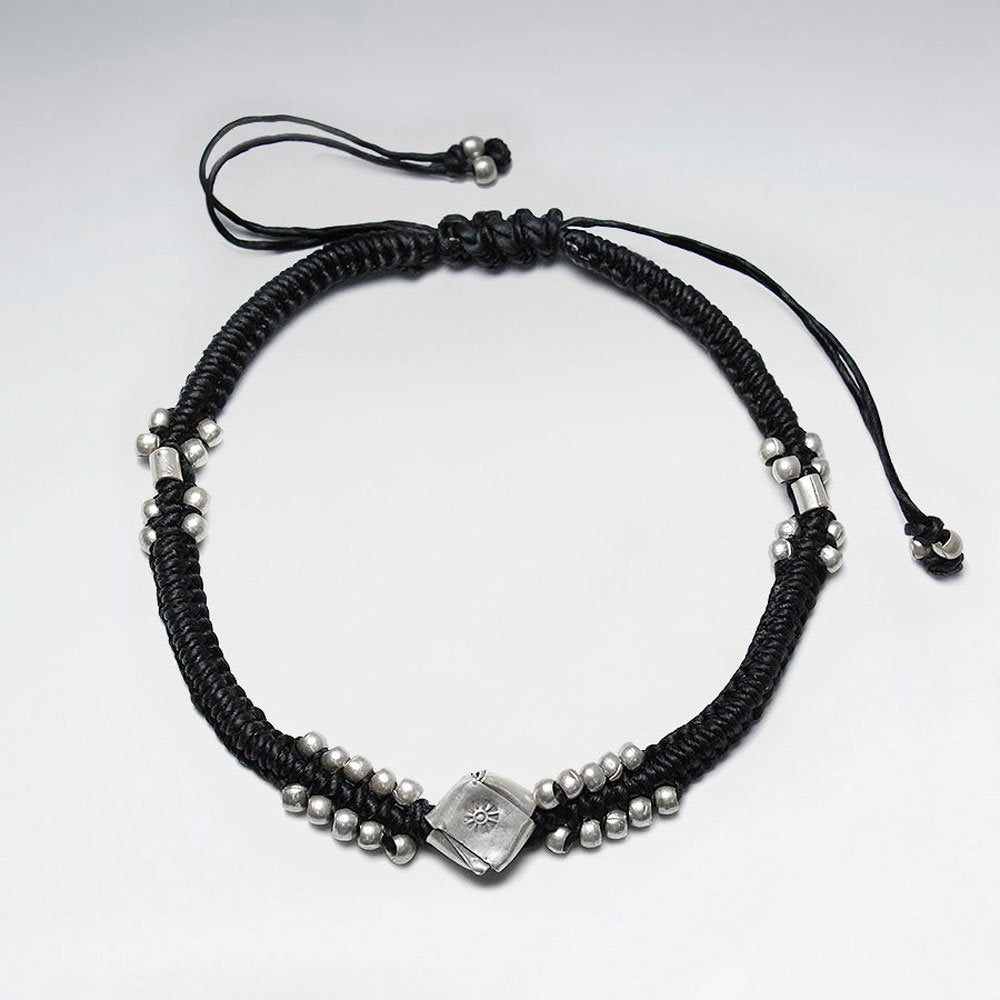 7" Adjustable Black Macrame Waxed Cotton Bracelet With Antique Hand Made Silver Beads