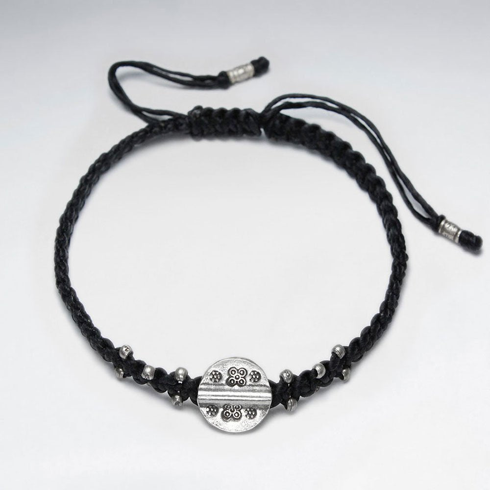 7" Adjustable Black Macrame Waxed Cotton Bracelet With Antique Hand Made Silver Round Disk Charm