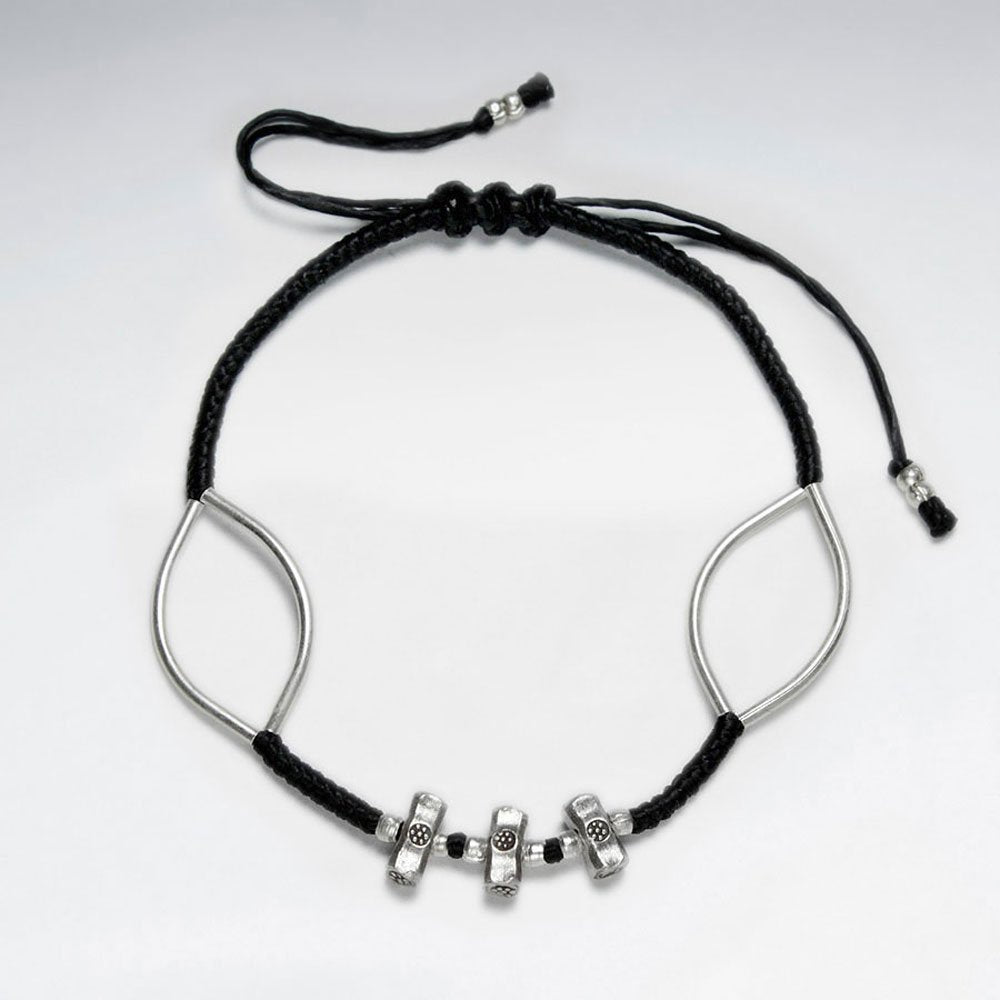 7" Adjustable Black Macrame Waxed Cotton Bracelet With Antique Hand Made  Curve Silver Tube Open Marquise Shape
