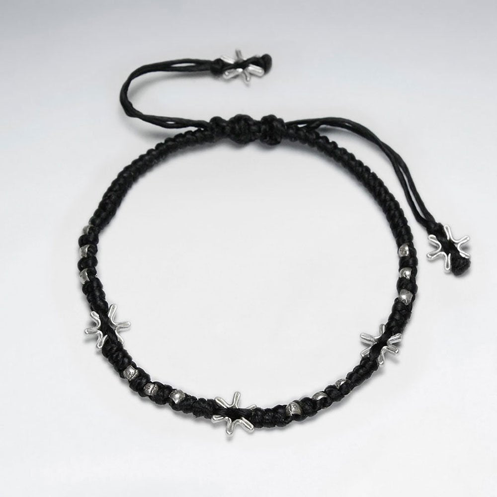 7" Adjustable Black Macrame Waxed Cotton Bracelet With Antique Hand Made Silver Beads