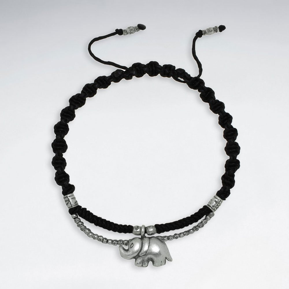 7" Adjustable Black Macrame Waxed Cotton Bracelet With Antique Hand Made Beads And Elephant Charm