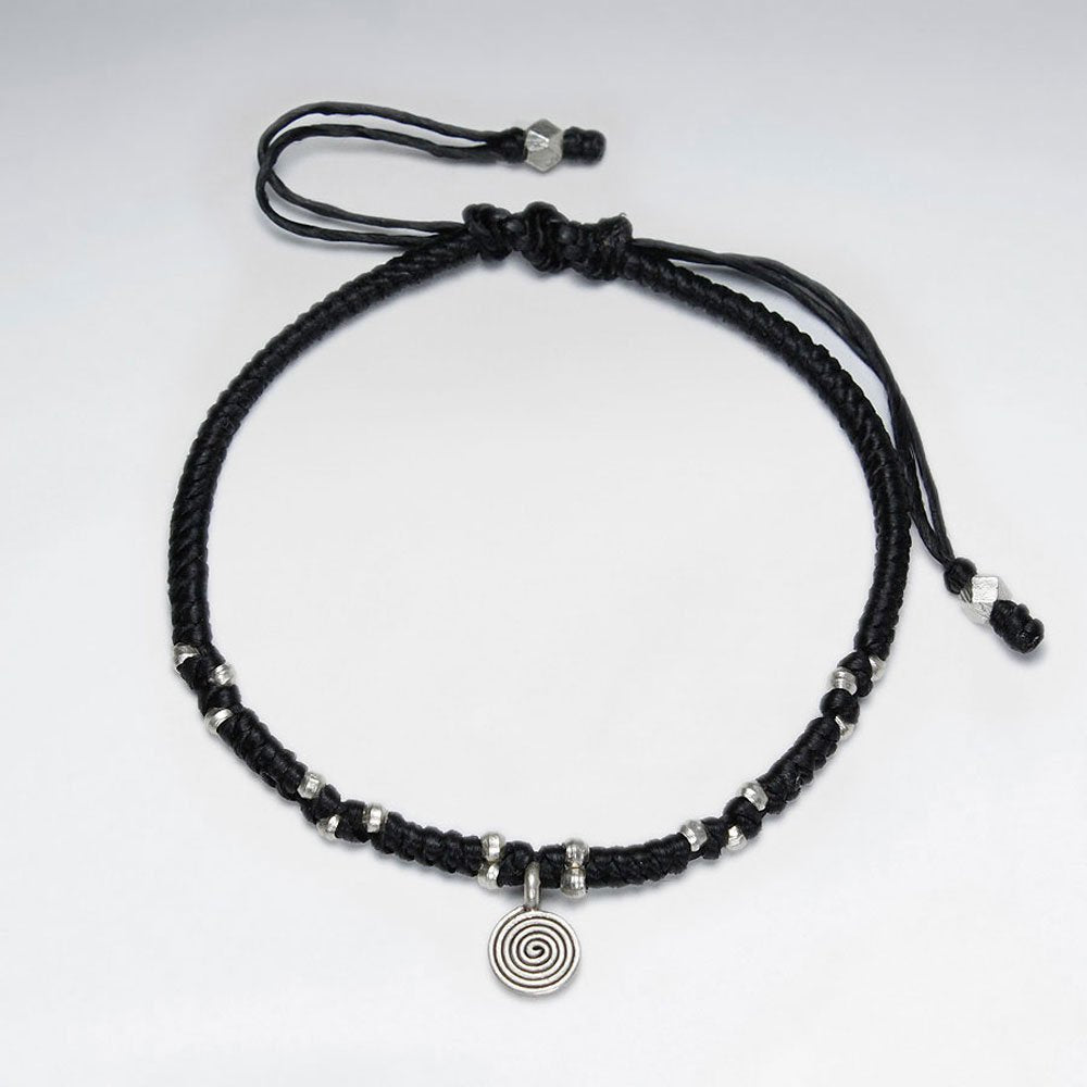 7" Adjustable Black Macrame Waxed Cotton Bracelet With Antique Hand Made Spiral Charm