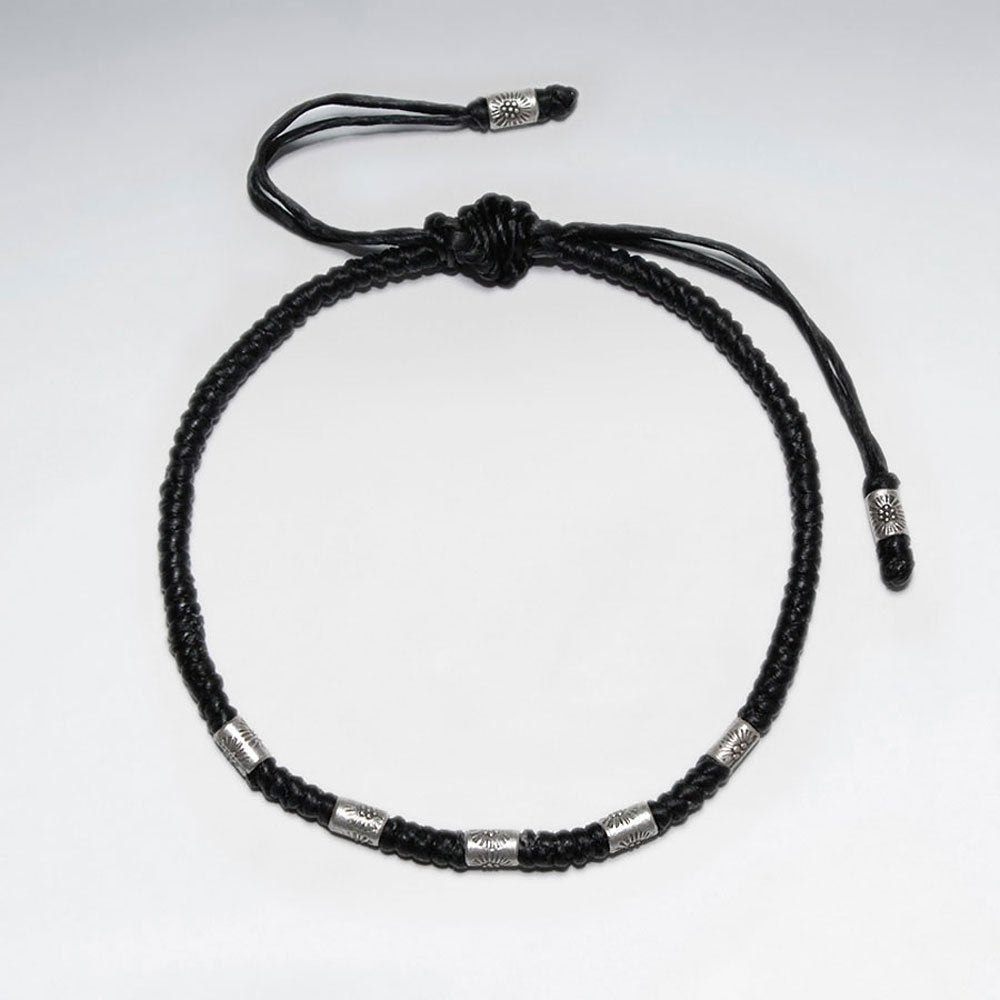 7" Adjustable Black Macrame Waxed Cotton Bracelet With Antique Hand Made Tube