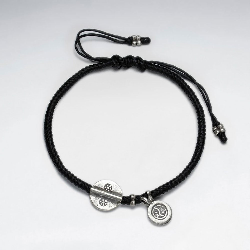 7" Adjustable Black Macrame Waxed Cotton Bracelet With Antique Hand Made Round Charm