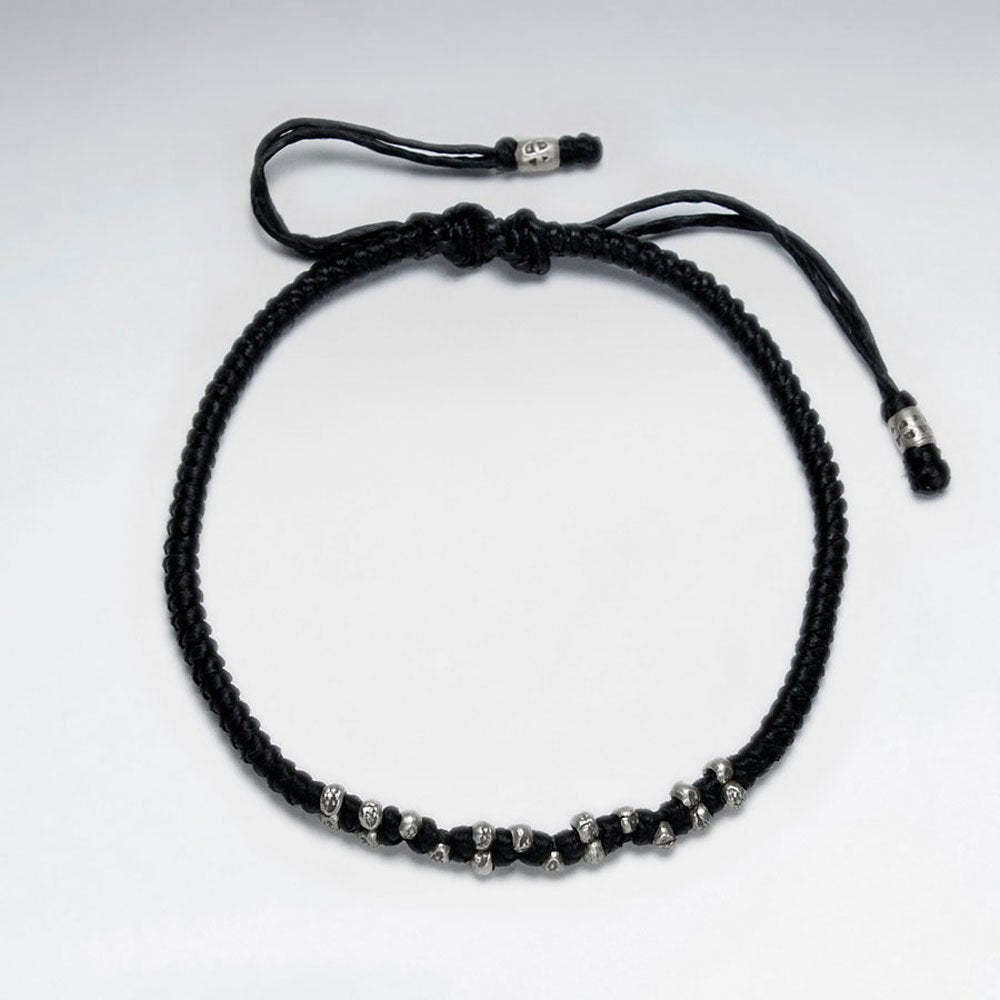 7" Adjustable Black Macrame Waxed Cotton Bracelet With Antique Hand Made Silver Nugget Beads