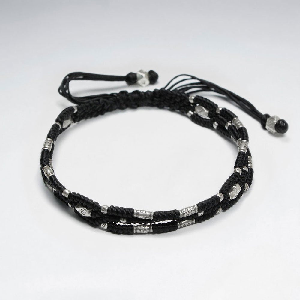 7" Adjustable Triple Strands Black Macrame Waxed Cotton Bracelet With Antique Hand Made Silver Beads