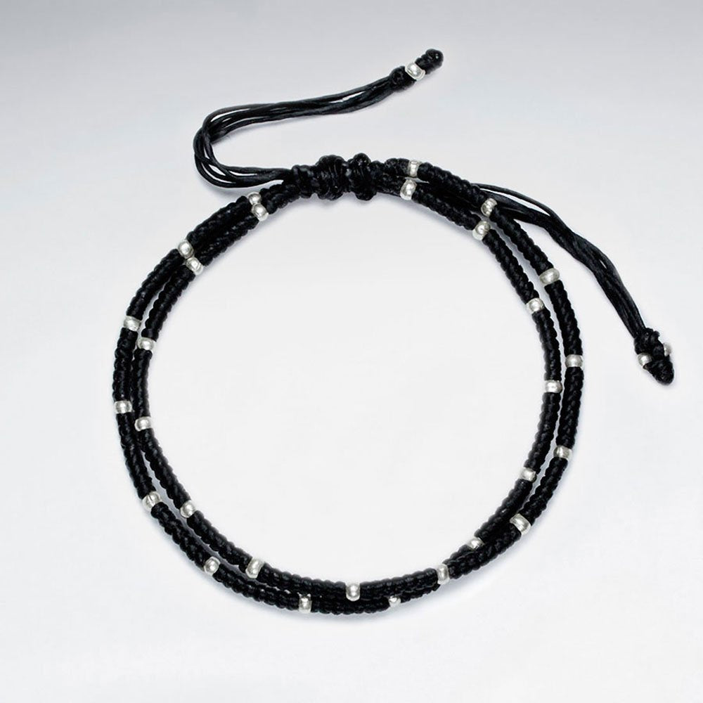 7" Adjustable Double Strands Black Macrame Waxed Cotton Bracelet With Antique Hand Made Silver
