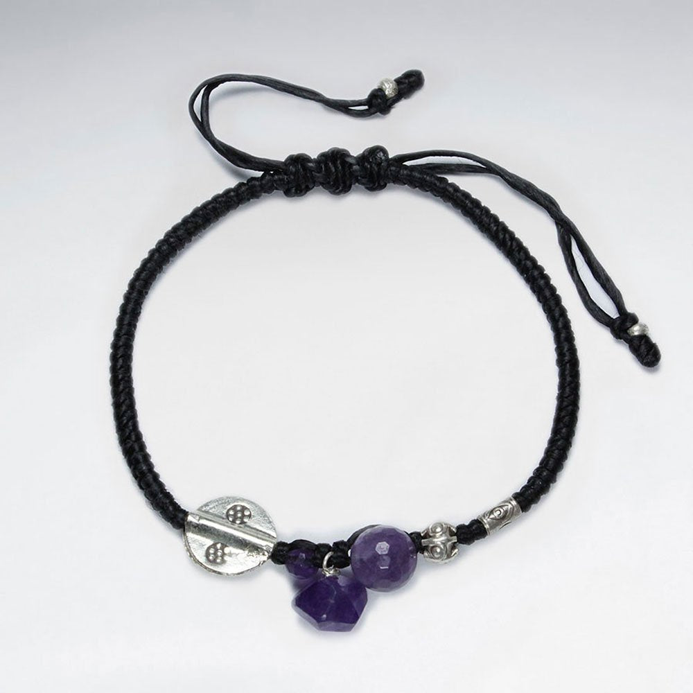 7" Adjustable Black Macrame Waxed Cotton Bracelet With Antique Hand Made Silver Disk Bead and Amethyst Stone