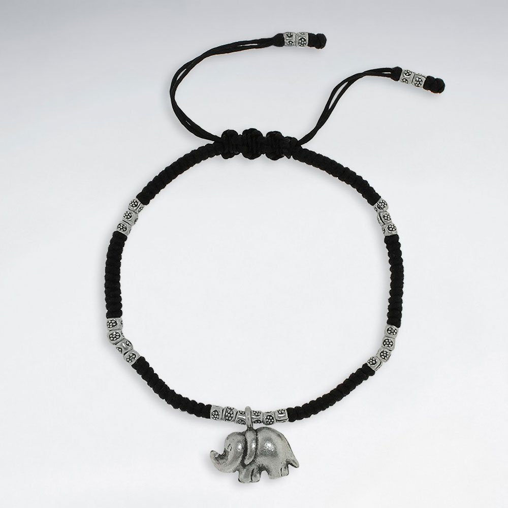 7" Adjustable Black Macrame Waxed Cotton Bracelet With Antique Hand Made Silver Elephant Charm