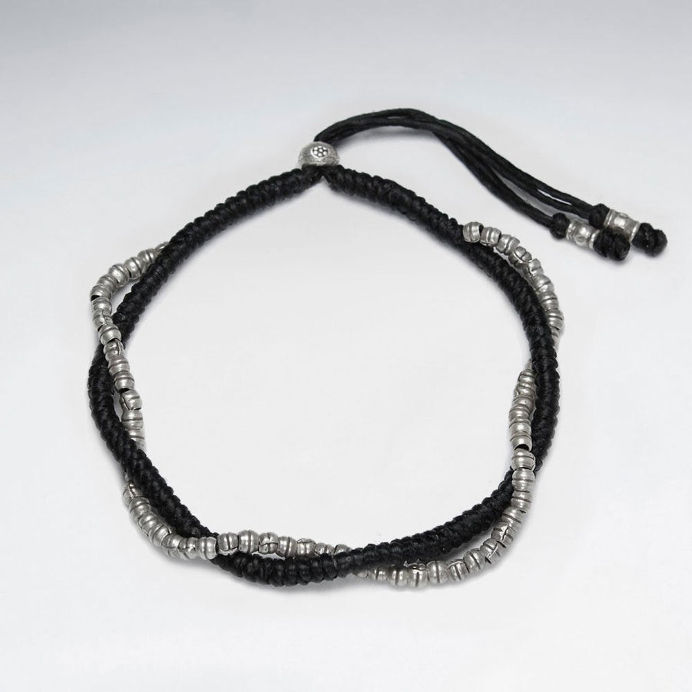 7" Adjustable Black Macrame Waxed Cotton Bracelet With Antique Hand Made Silver Beads