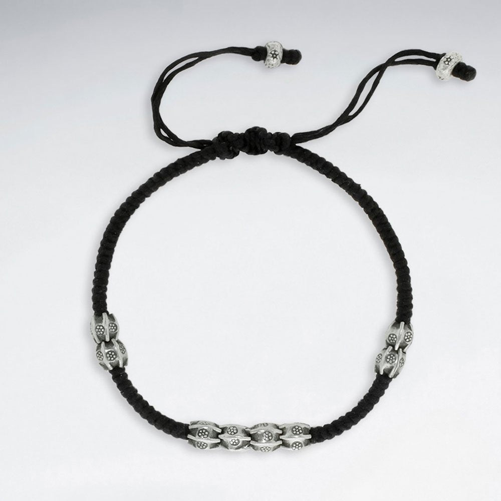 7" Adjustable Black Macrame Waxed Cotton Bracelet With Antique Hand Made Silver Nugget Beads