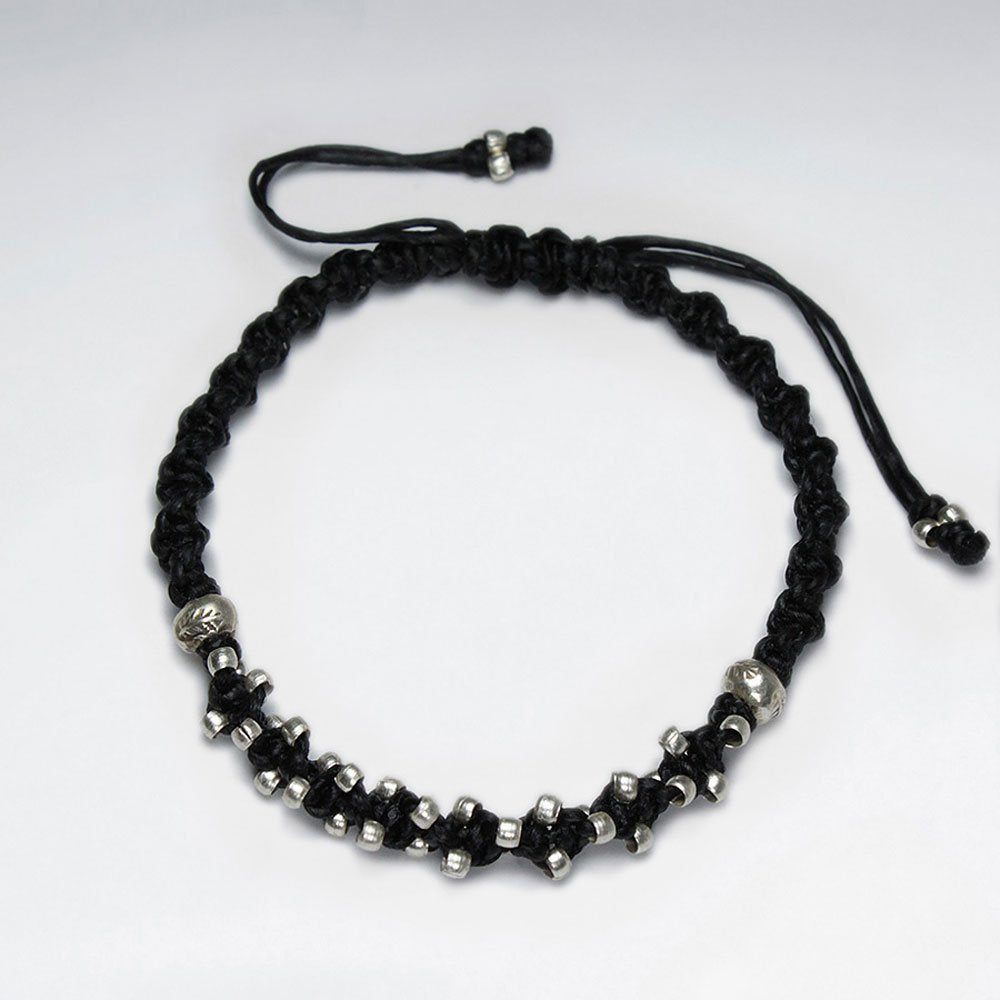 7" Adjustable Black Macrame Waxed Cotton Bracelet With Antique Hand Made Silver Beads