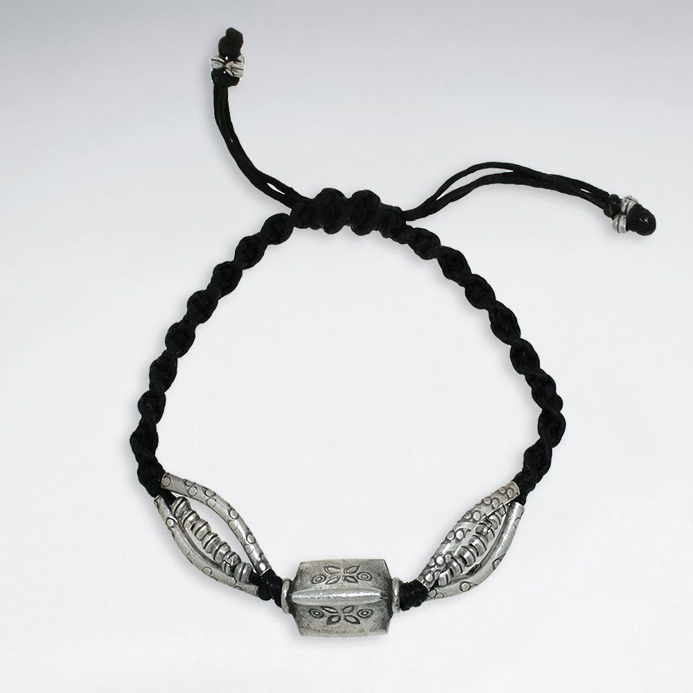 7" Adjustable Black Macrame Waxed Cotton Bracelet With Antique Hand Made Silver Multi Curve Tube