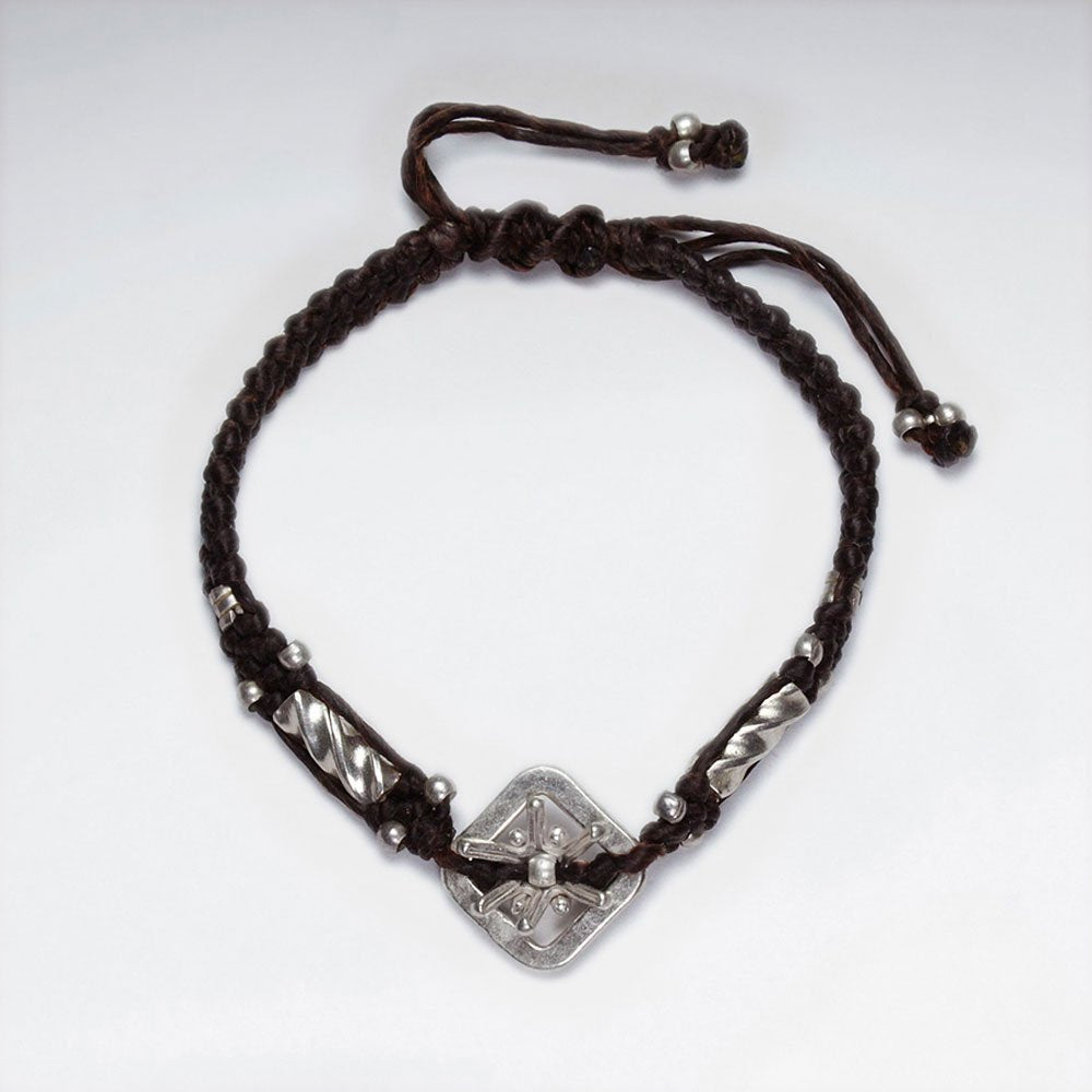 7" Adjustable Black Macrame Waxed Cotton Bracelet With Antique Hand Made Silver Square Charm